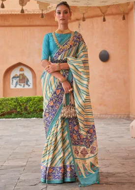 Blue & Light Yellow Patola Printed Tissue Silk Saree with Designer Blouse