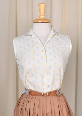 1950s Blue & Yellow Bow Textured Sleeveless Blouse