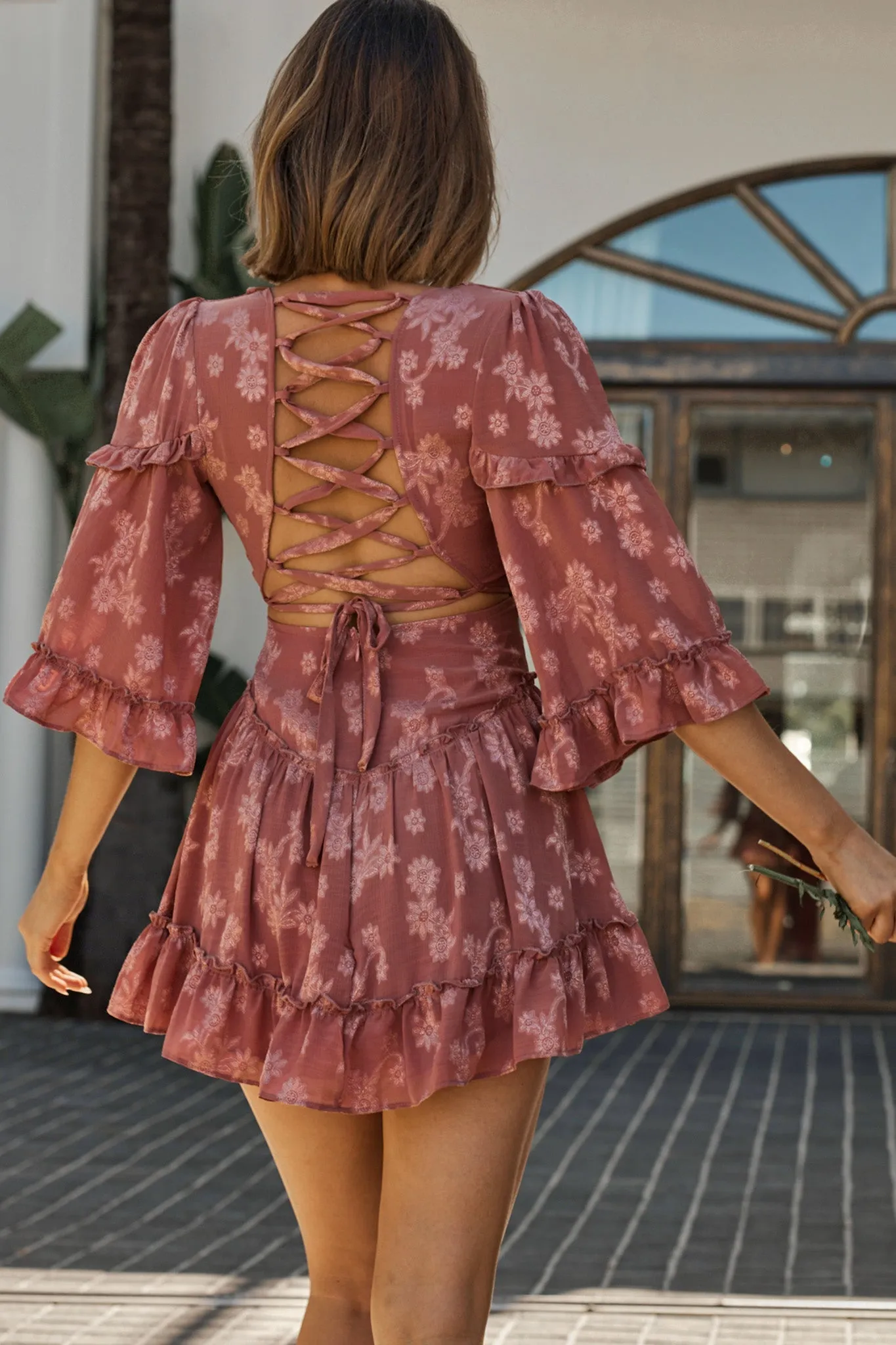 Albany Lace Up Back Frill Dress Flower Print Rose