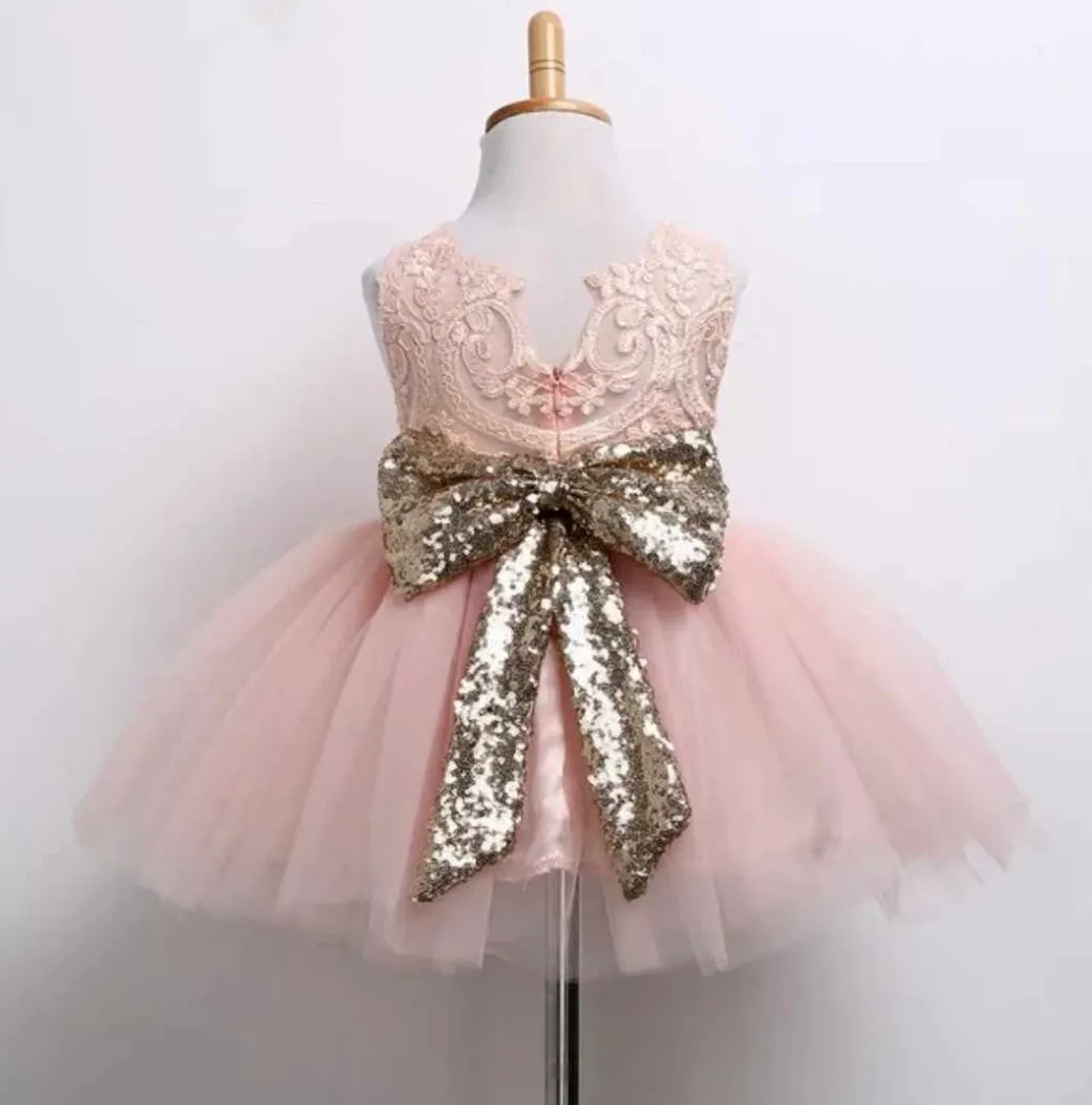 Baby Girls Pink Lace Bodice with Tutu Skirt Dress and a Gold Sequin Belt & Bow