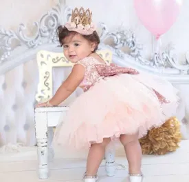 Baby Girls Pink Lace Bodice with Tutu Skirt Dress and a Gold Sequin Belt & Bow