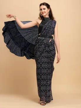 Black Printed Ruffled Saree with Sequinned Belt