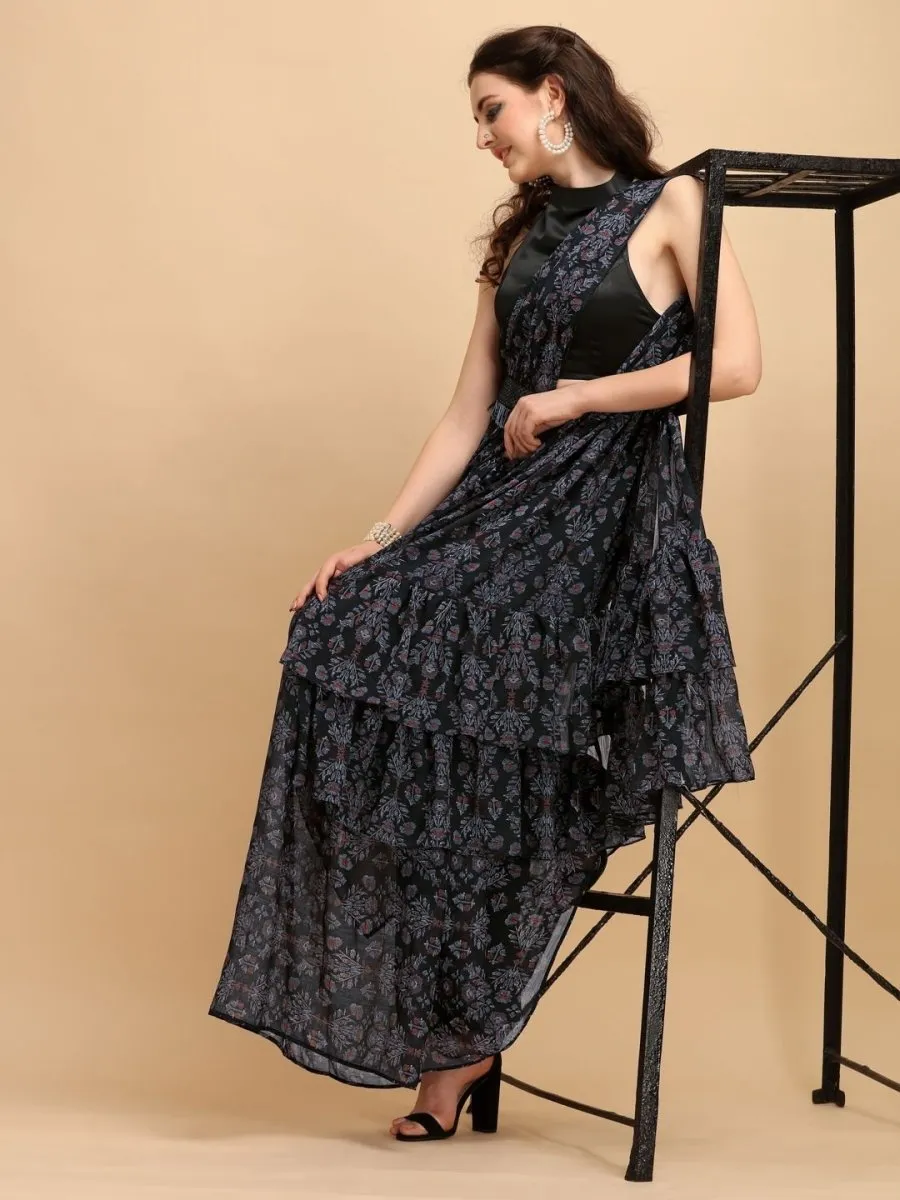 Black Printed Ruffled Saree with Sequinned Belt