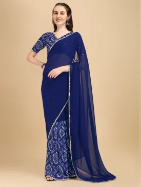 Blue & White Bandhani Sequinned Half and Half Bandhani Saree