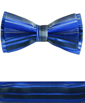 Blue and Grey Boys Bow Tie and Pocket Square Set, Pre-tied