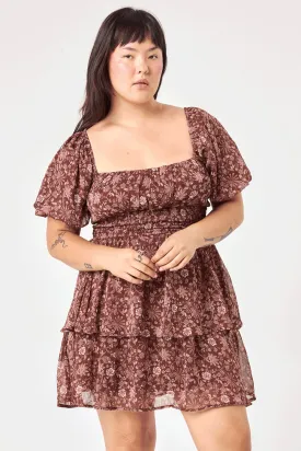 Brown Floral Smocked Waist Tier Dress