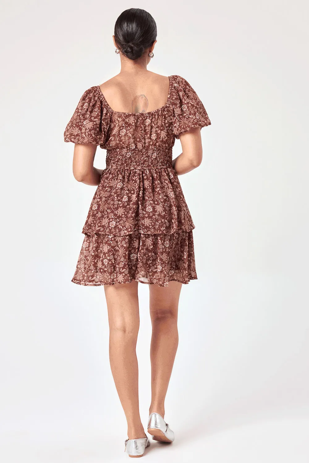 Brown Floral Smocked Waist Tier Dress