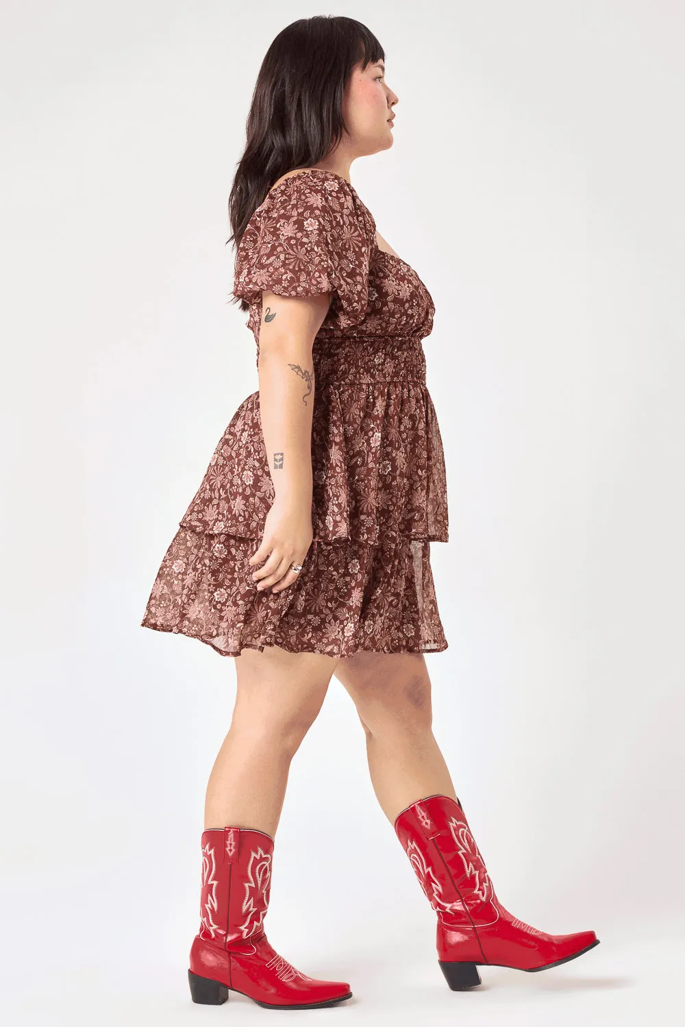 Brown Floral Smocked Waist Tier Dress