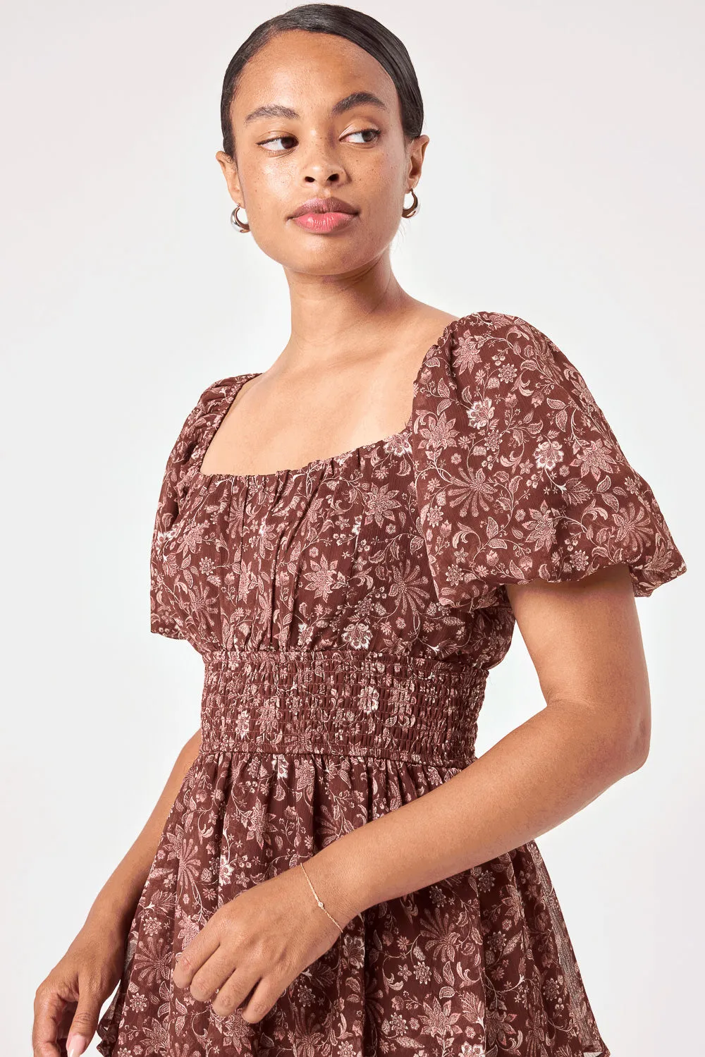 Brown Floral Smocked Waist Tier Dress