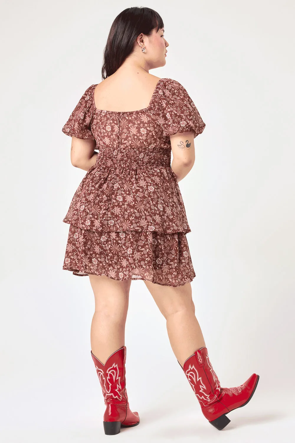 Brown Floral Smocked Waist Tier Dress