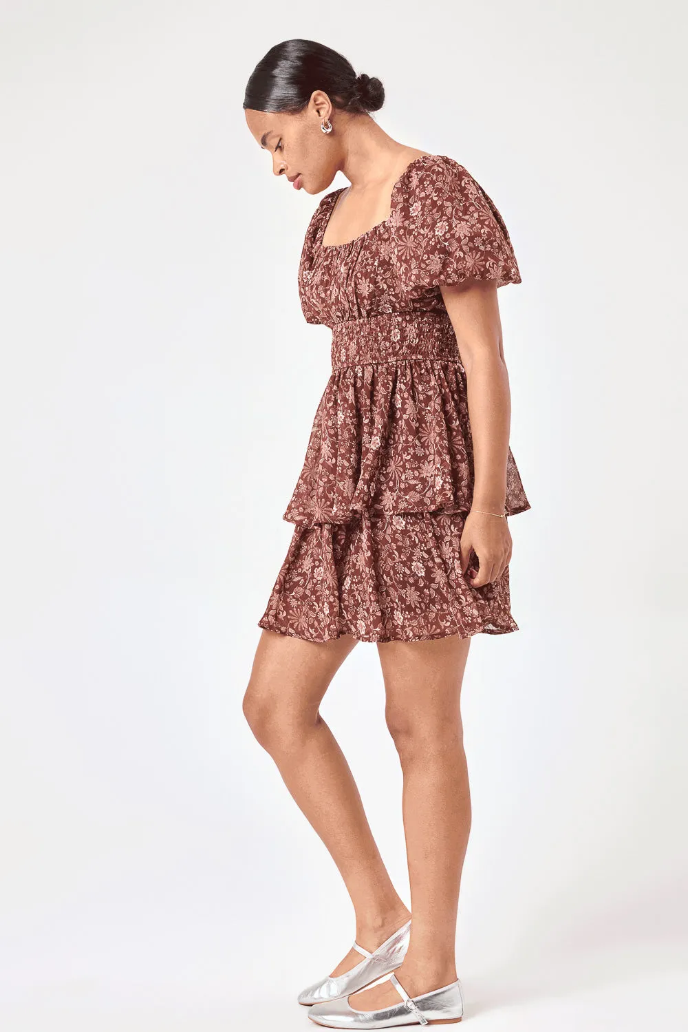 Brown Floral Smocked Waist Tier Dress