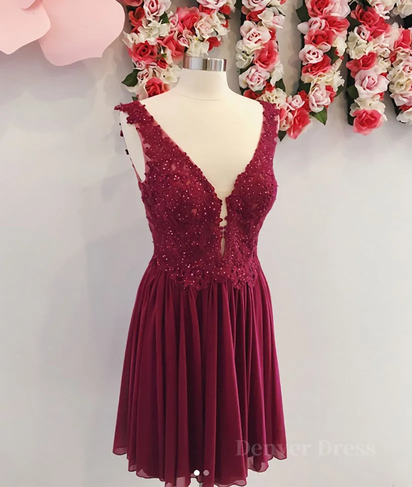 Burgundy v neck chiffon lace short prom dress, homecoming dress