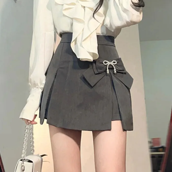 Chain Long Sleeve Shirt Bowknot Skirt Set