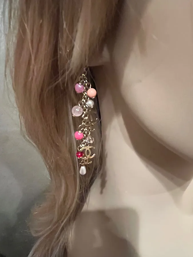 Chanel 19S 2019 long pierced CC pink bead Pearl dangle earrings