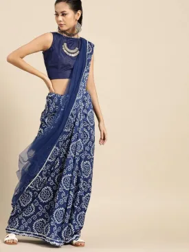 Cotton Navy Blue Printed Saree