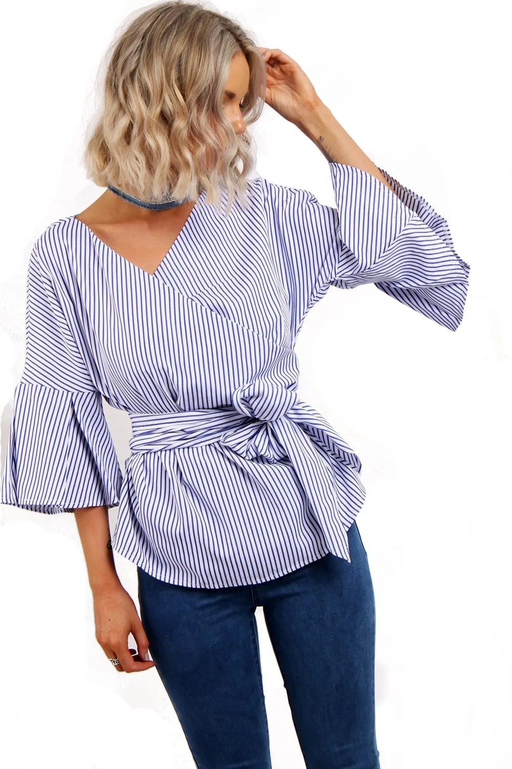 Cross Front Ruffle Sleeve Pin Stripe Bow Top