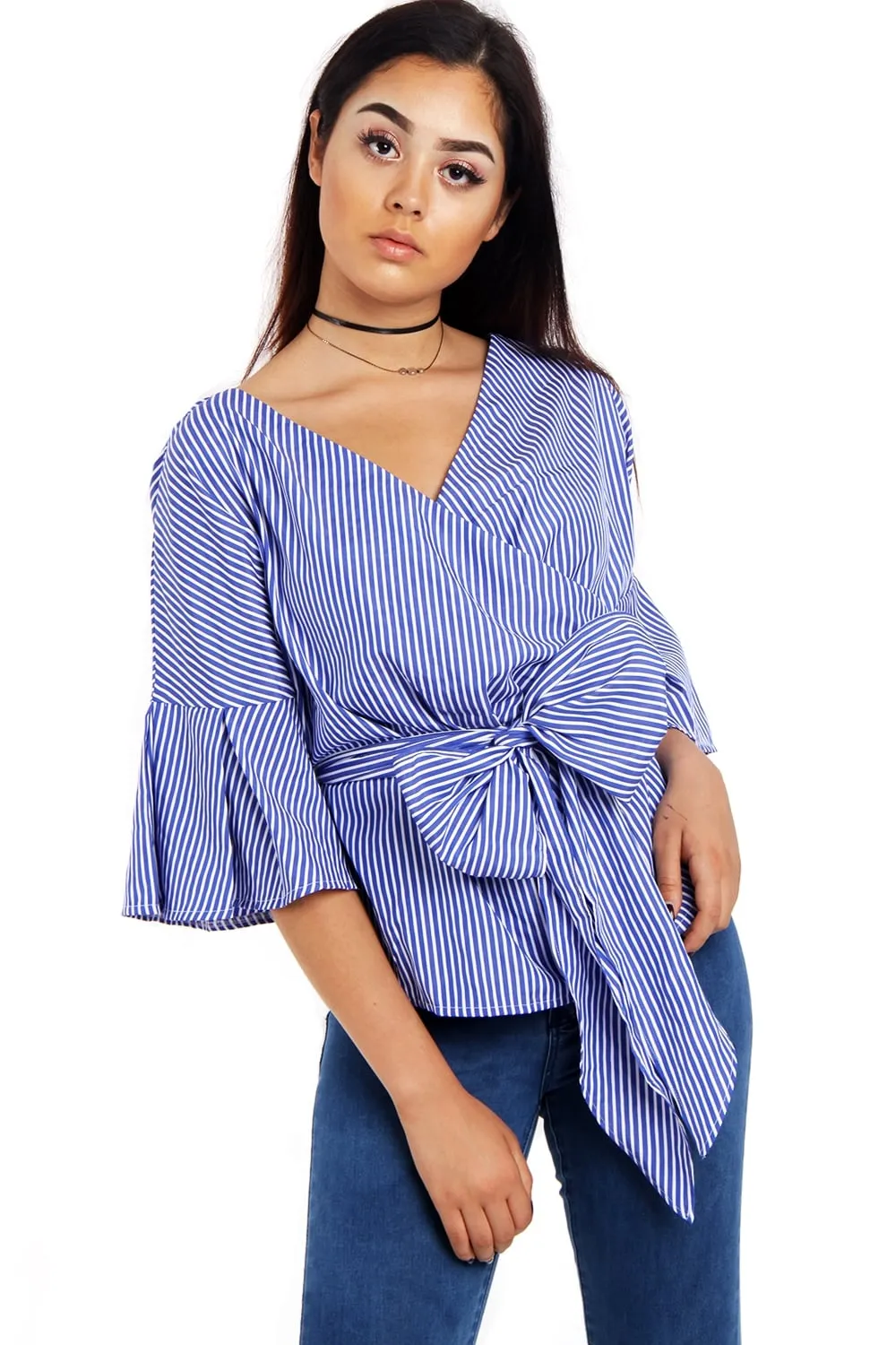 Cross Front Ruffle Sleeve Pin Stripe Bow Top