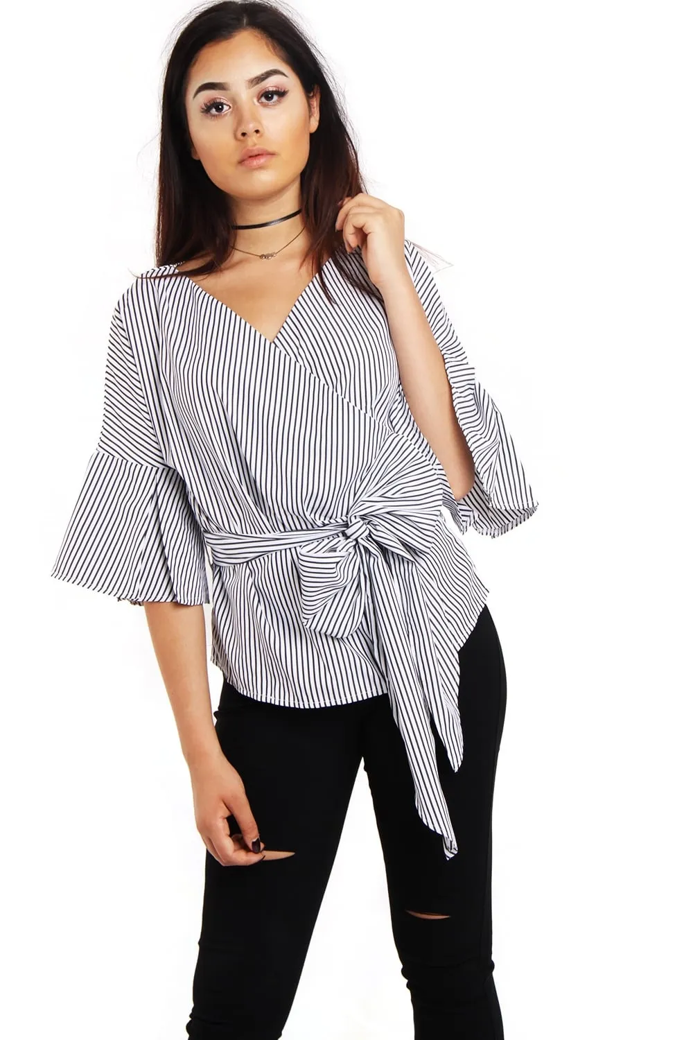 Cross Front Ruffle Sleeve Pin Stripe Bow Top