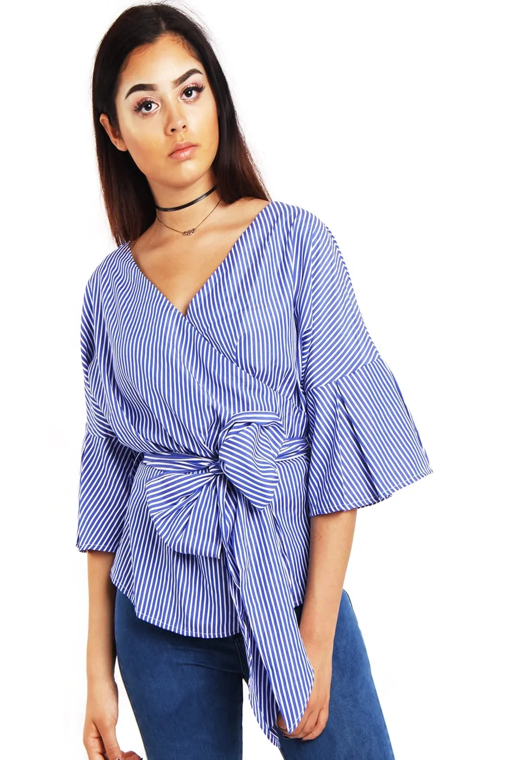 Cross Front Ruffle Sleeve Pin Stripe Bow Top