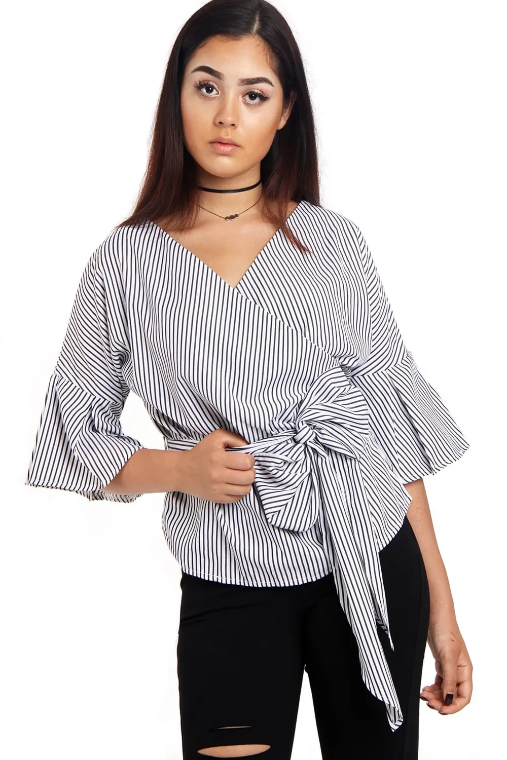 Cross Front Ruffle Sleeve Pin Stripe Bow Top