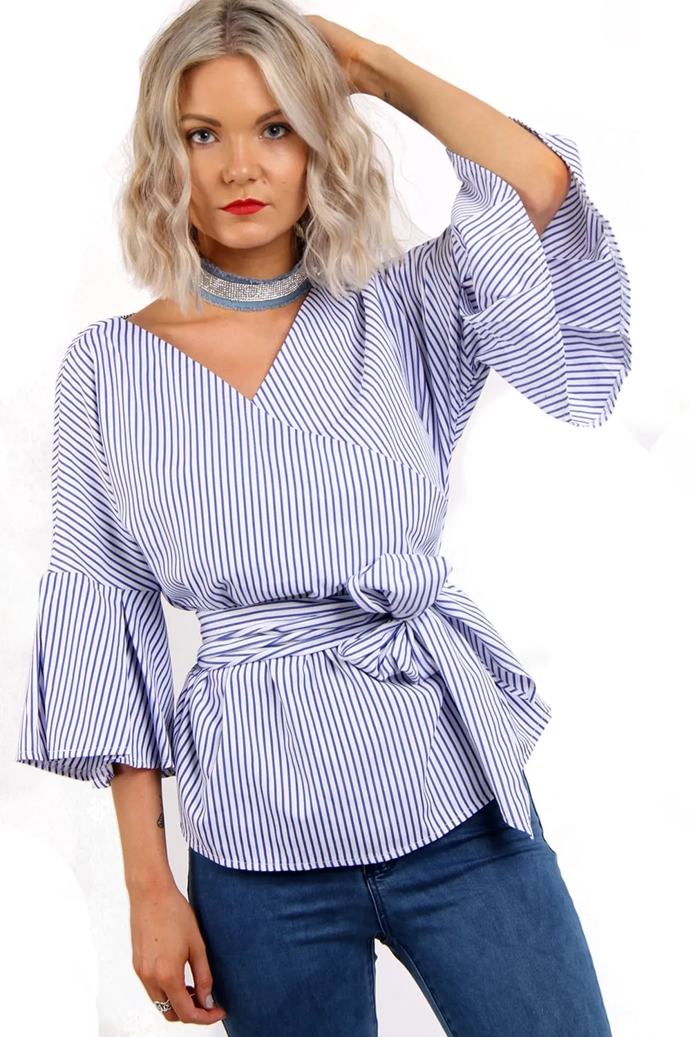 Cross Front Ruffle Sleeve Pin Stripe Bow Top