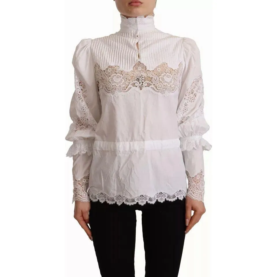 Dolce & Gabbana White Cotton Lace Trim Turtle Neck Blouse Top