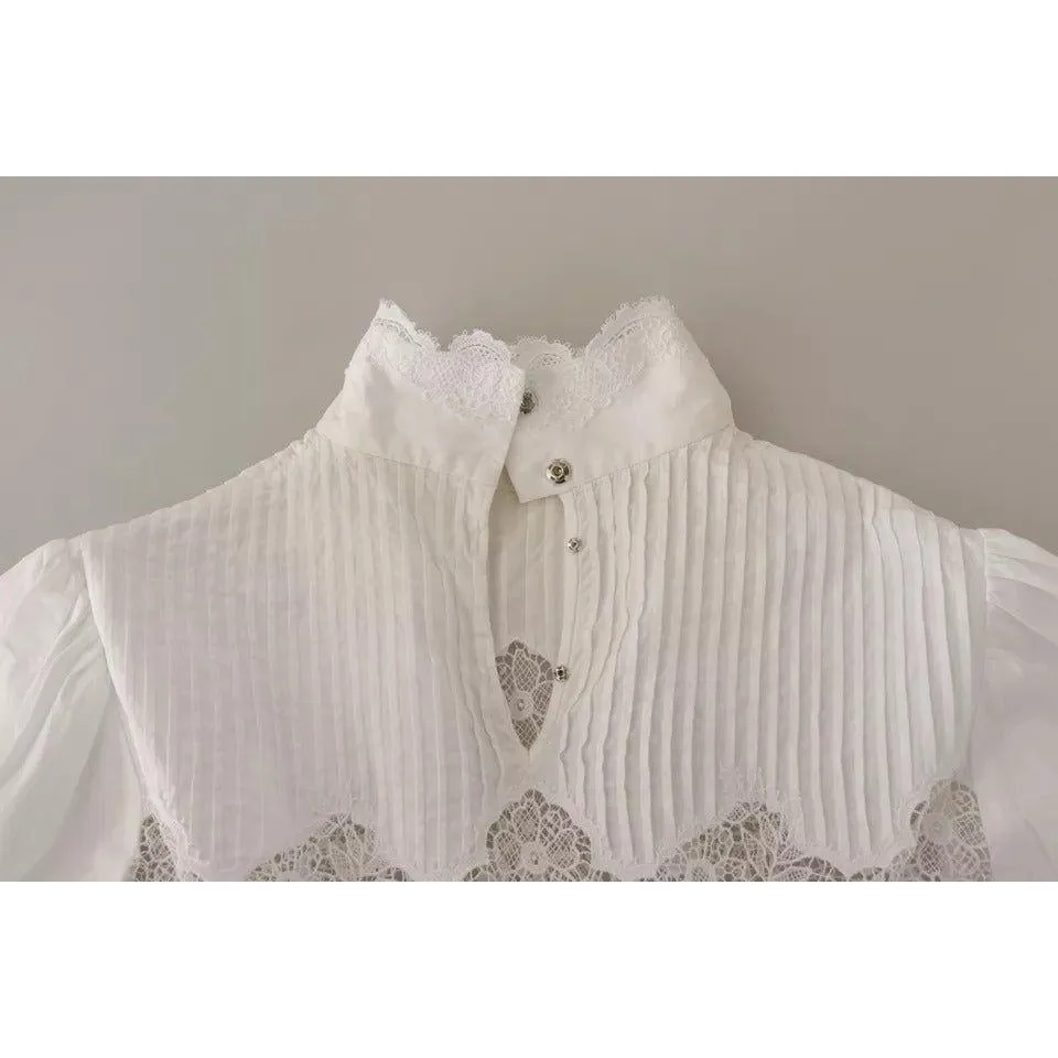 Dolce & Gabbana White Cotton Lace Trim Turtle Neck Blouse Top