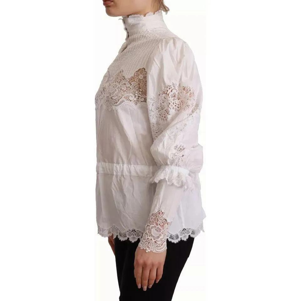 Dolce & Gabbana White Cotton Lace Trim Turtle Neck Blouse Top