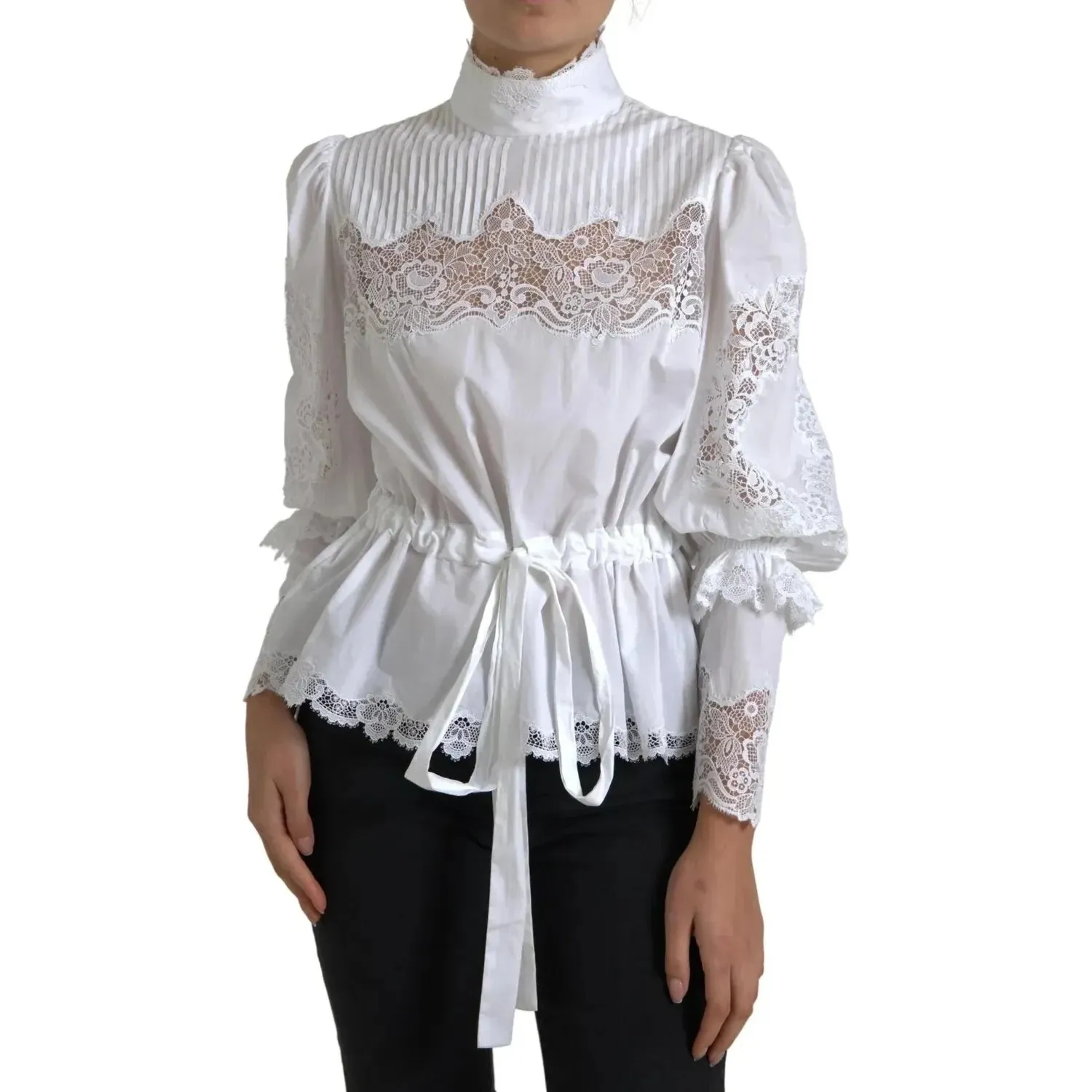 Dolce & Gabbana White Cotton Lace Trim Turtle Neck Top Blouse