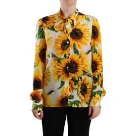 Dolce & Gabbana White Sunflower Silk Ascot Collar Blouse Top