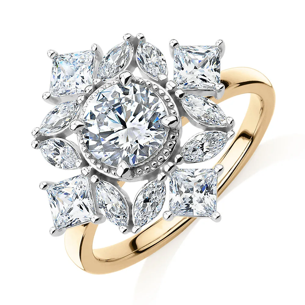 Dress ring with 2.99 carats* of diamond simulants in 10 carat yellow and white gold