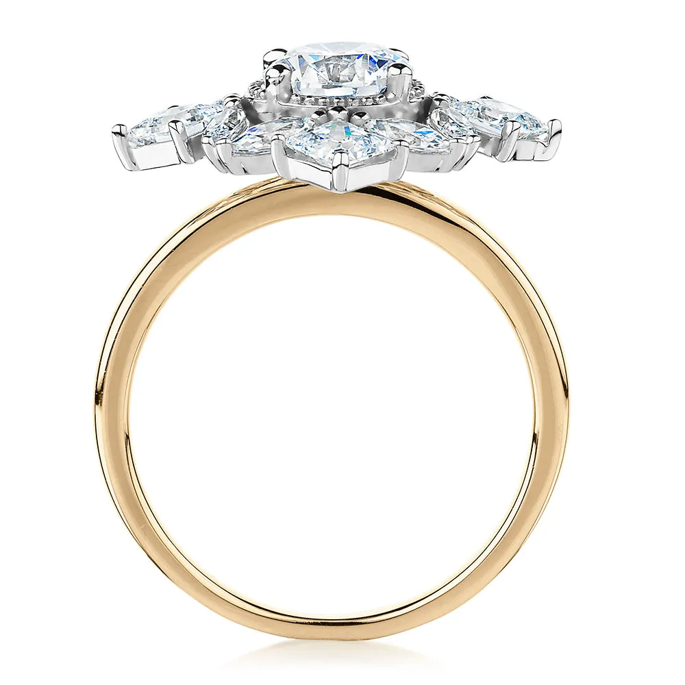 Dress ring with 2.99 carats* of diamond simulants in 10 carat yellow and white gold