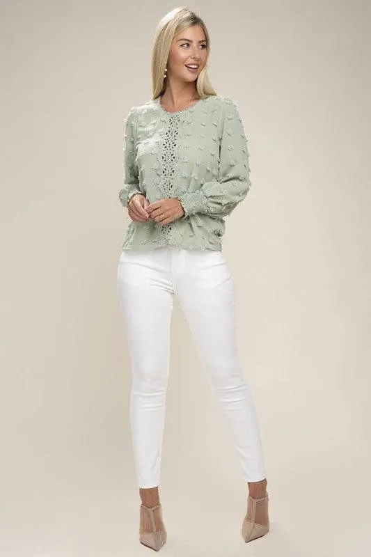 Green Long Sleeved Contrast Lace Blouse