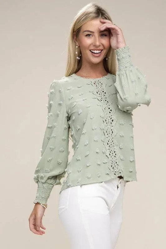 Green Long Sleeved Contrast Lace Blouse