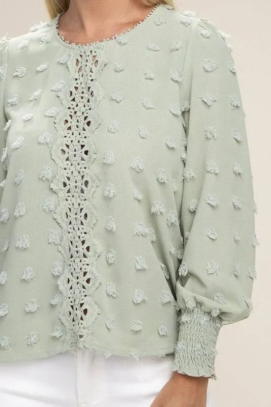 Green Long Sleeved Contrast Lace Blouse