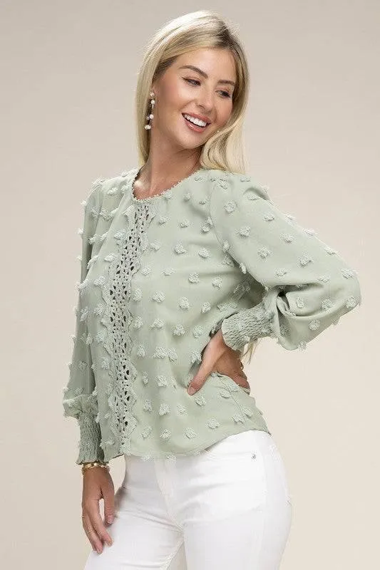 Green Long Sleeved Contrast Lace Blouse