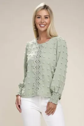 Green Long Sleeved Contrast Lace Blouse