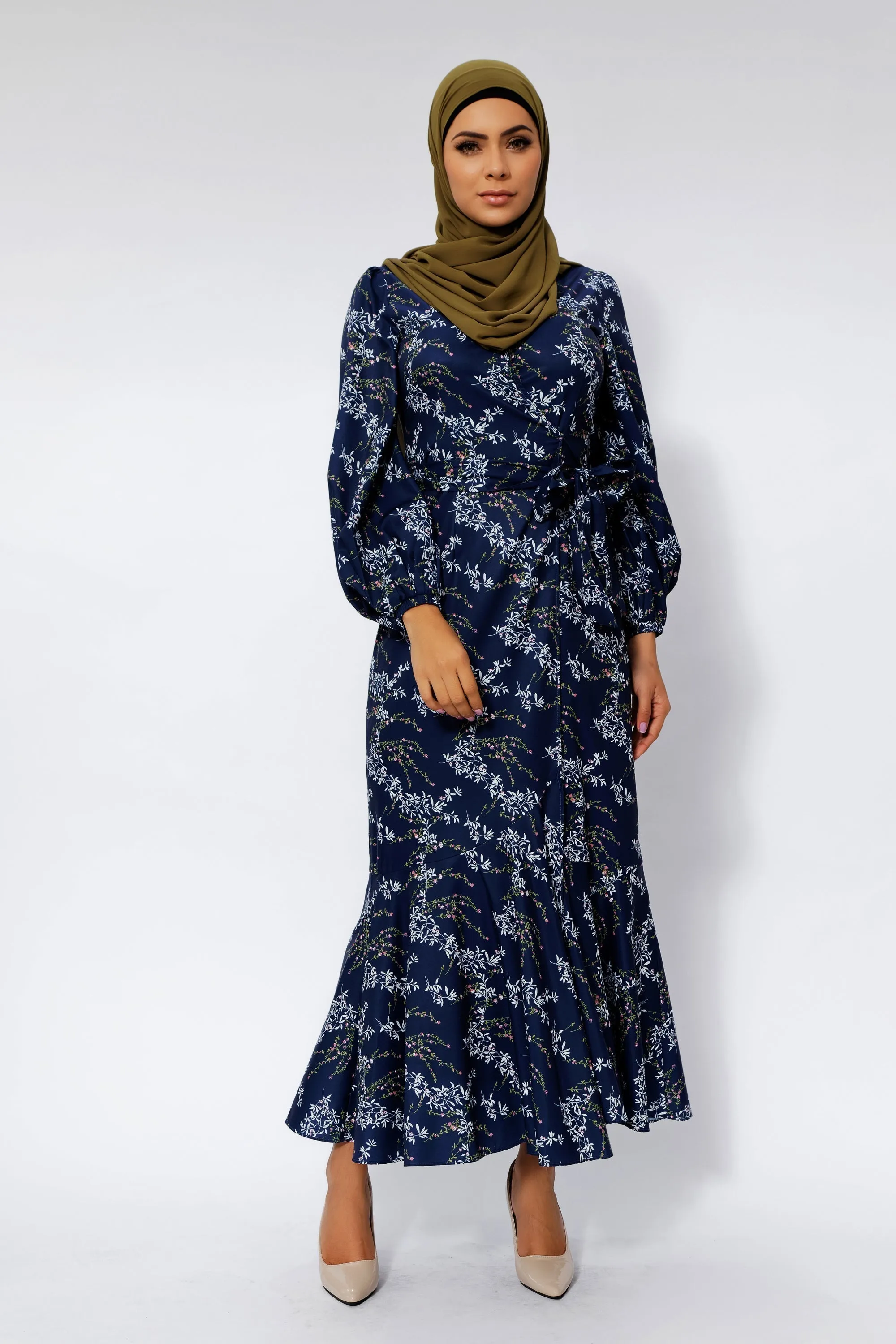 Heavenly Blue Floral Ruffle Faux Wrap Maxi Dress