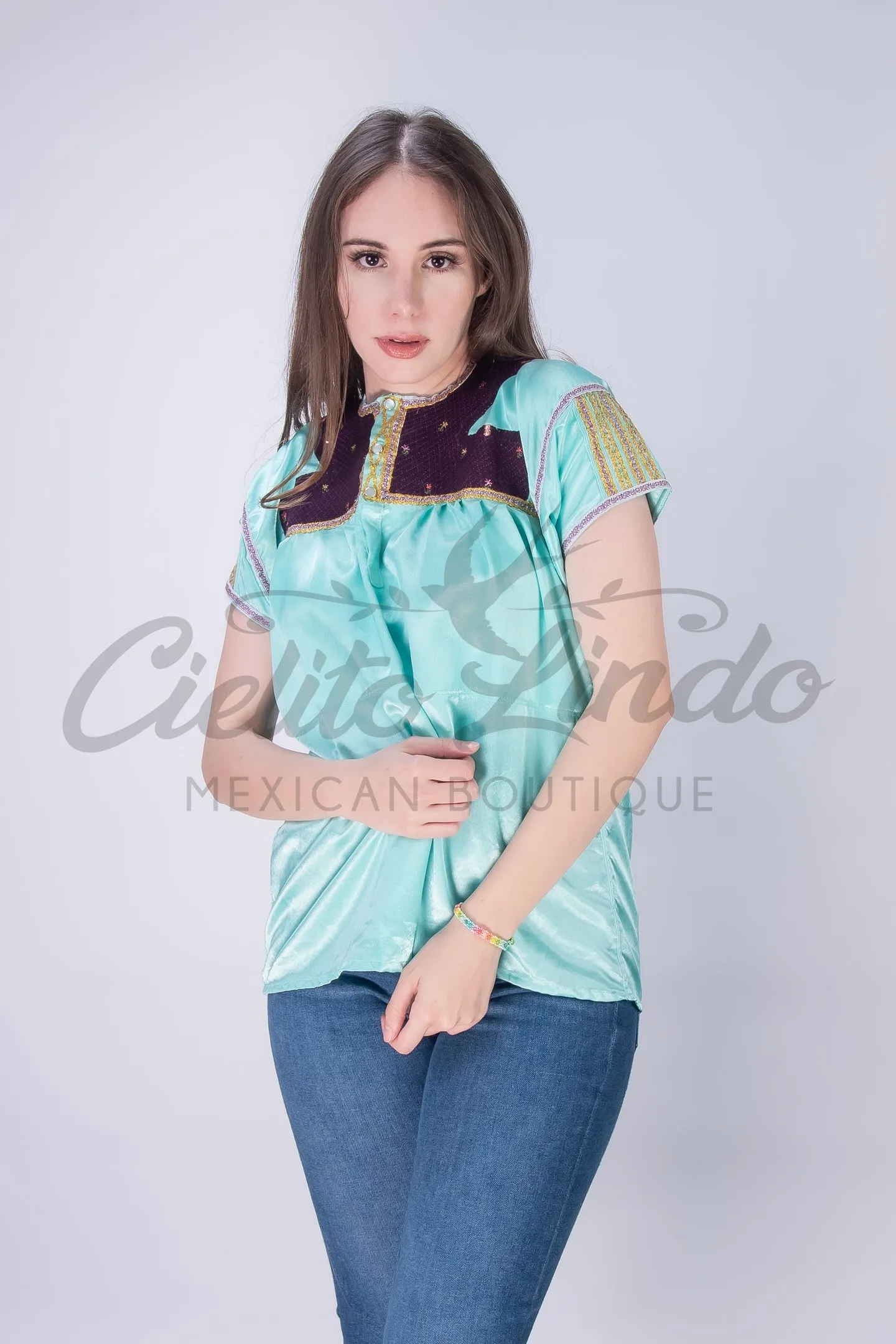 Mexican Blue Sateen Top Chamula