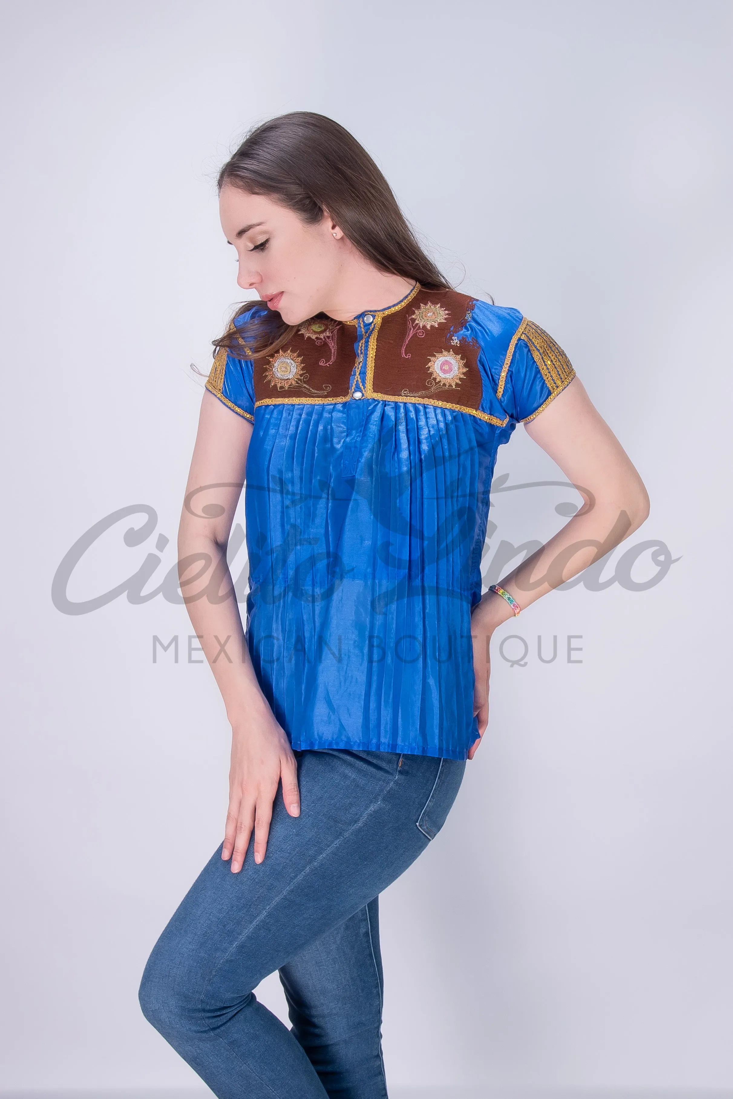 Mexican Blue Sateen Top Chamula