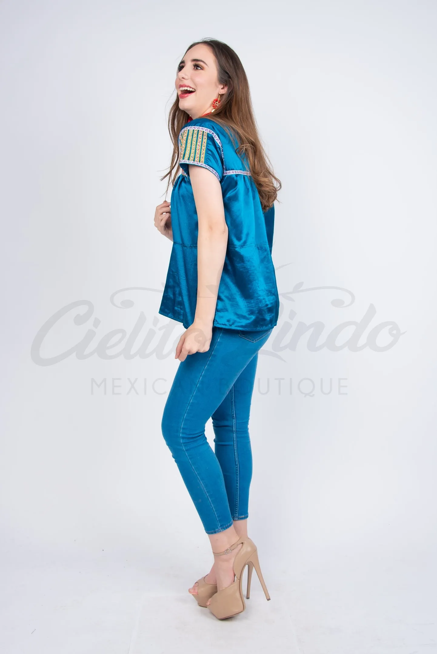 Mexican Blue Sateen Top Chamula