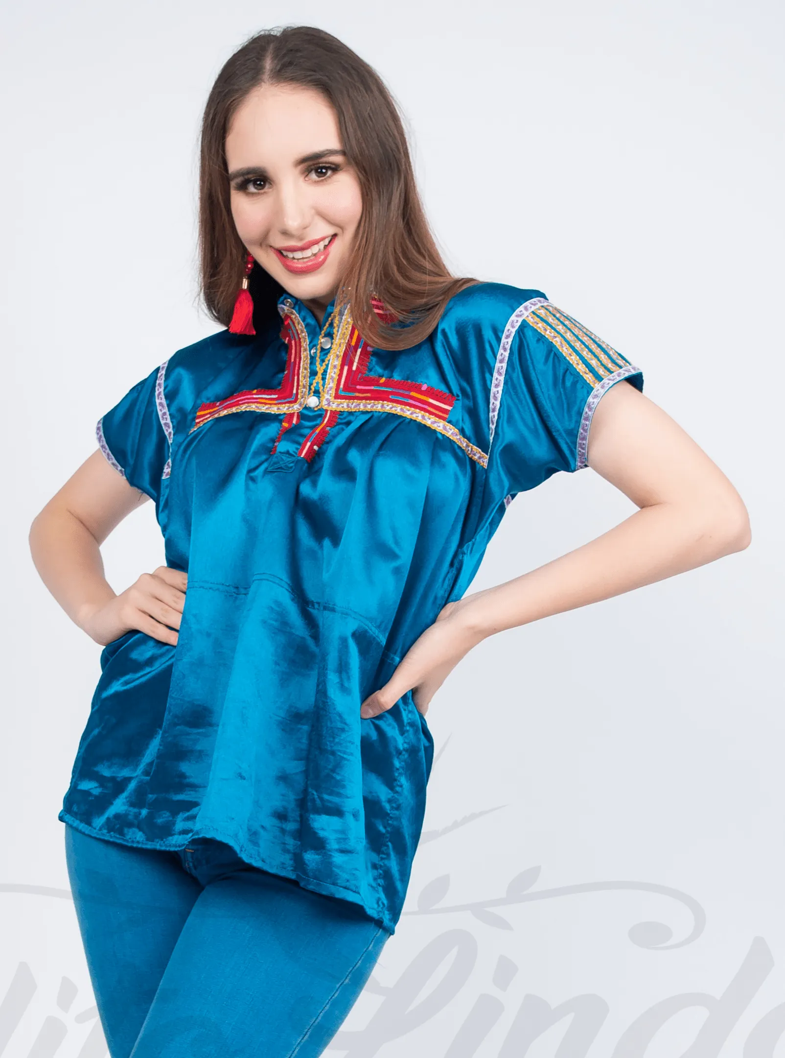 Mexican Blue Sateen Top Chamula