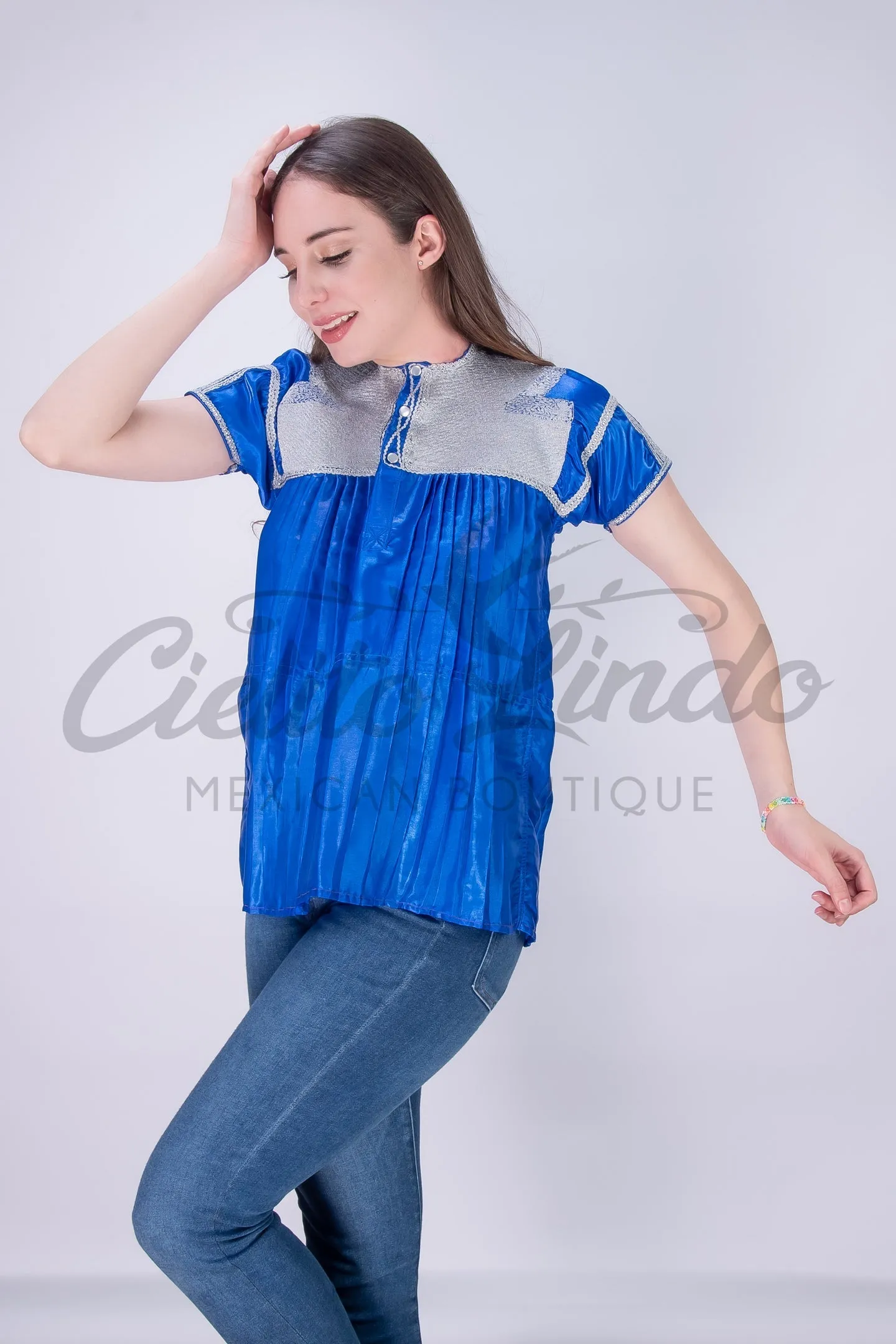 Mexican Blue Sateen Top Chamula