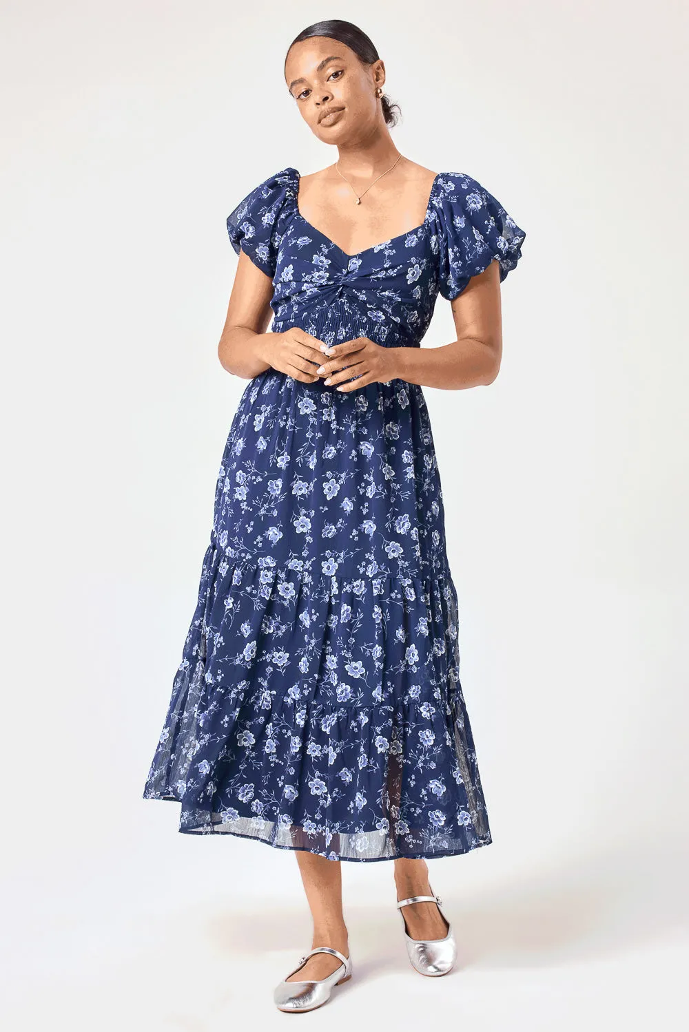 Navy Floral Puff Sleeve Twist Midi Dress