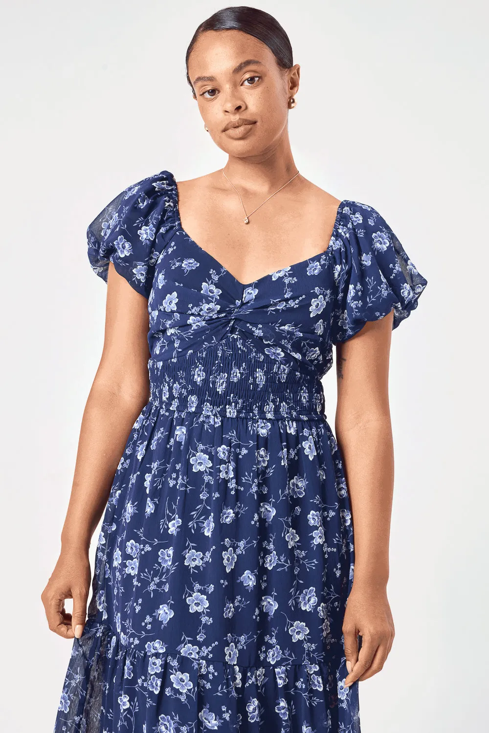 Navy Floral Puff Sleeve Twist Midi Dress