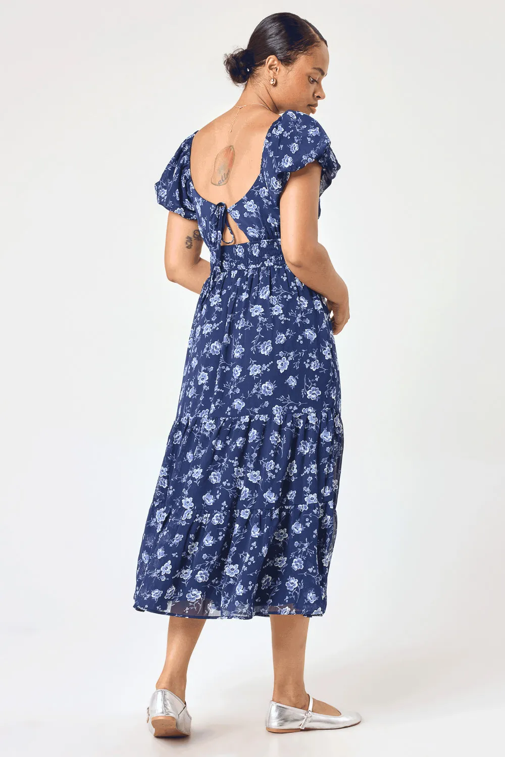 Navy Floral Puff Sleeve Twist Midi Dress