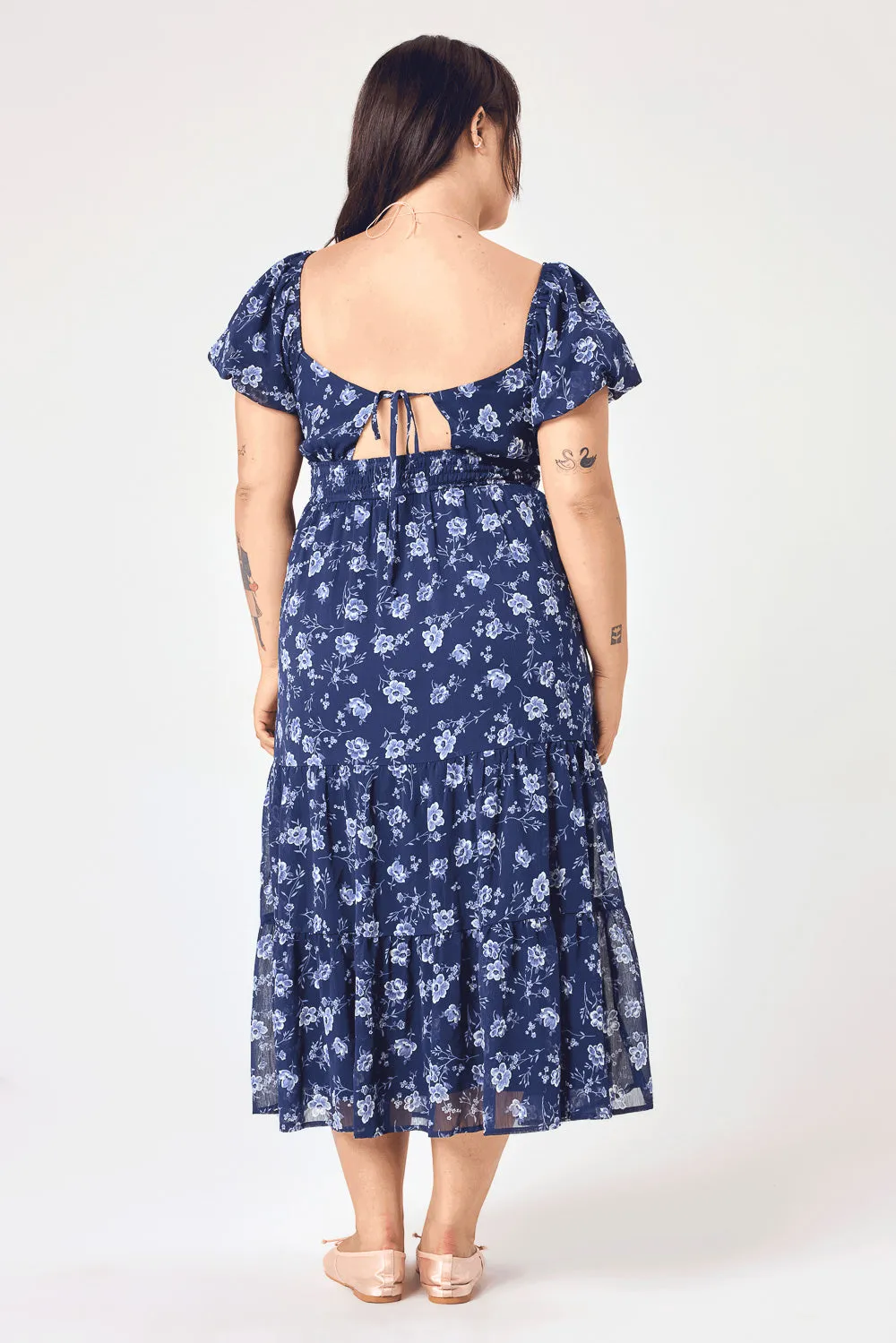 Navy Floral Puff Sleeve Twist Midi Dress