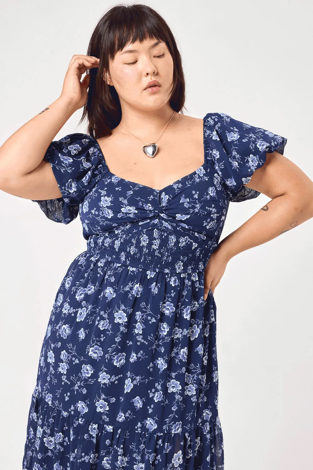 Navy Floral Puff Sleeve Twist Midi Dress