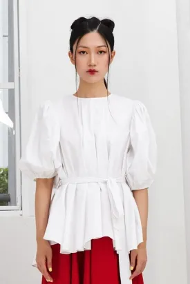 Pre- order WHITE COTTON - OVERSIZED FLARE TOP WITH GATHERED SLEEVE AND BELT - WHITE