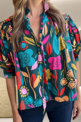 Printed Tie Neck Half Sleeve Blouse